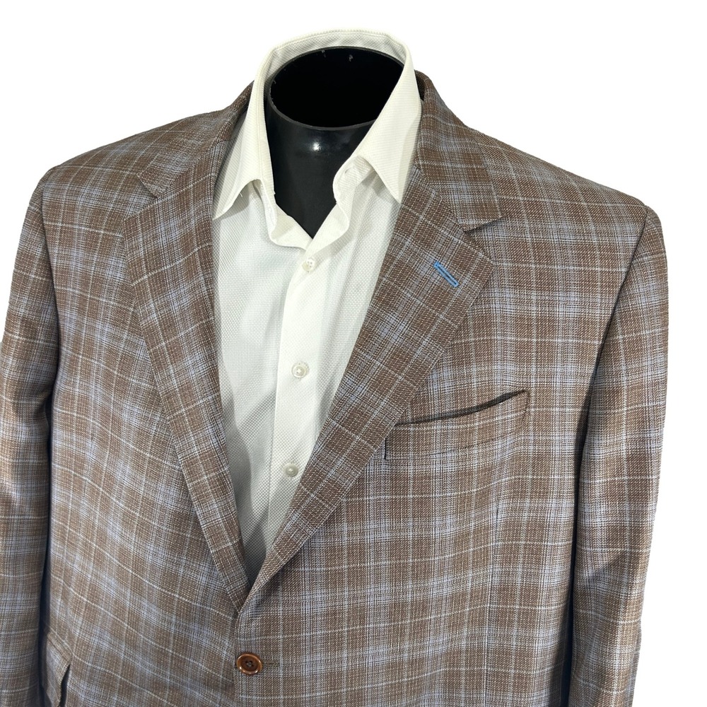 Coppley Sport Coat 51S Brown Blue Plaid Reda Super 130s Wool Blazer Double Vent